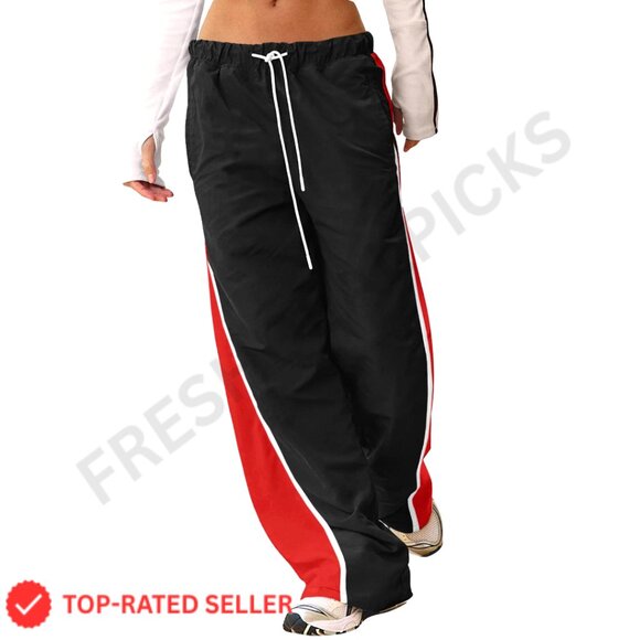 Women's Baggy Wide Leg Track Pants Elastic Waist Drawstring 100% Polyamide